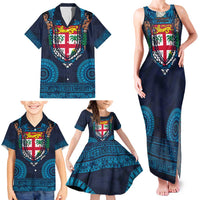 Fiji Coat of Arms Traditional Dashiki Family Matching Tank Maxi Dress and Hawaiian Shirt Tapa Art and Palm Leaves Pattern Dark Navy Color LT03 - Polynesian Pride