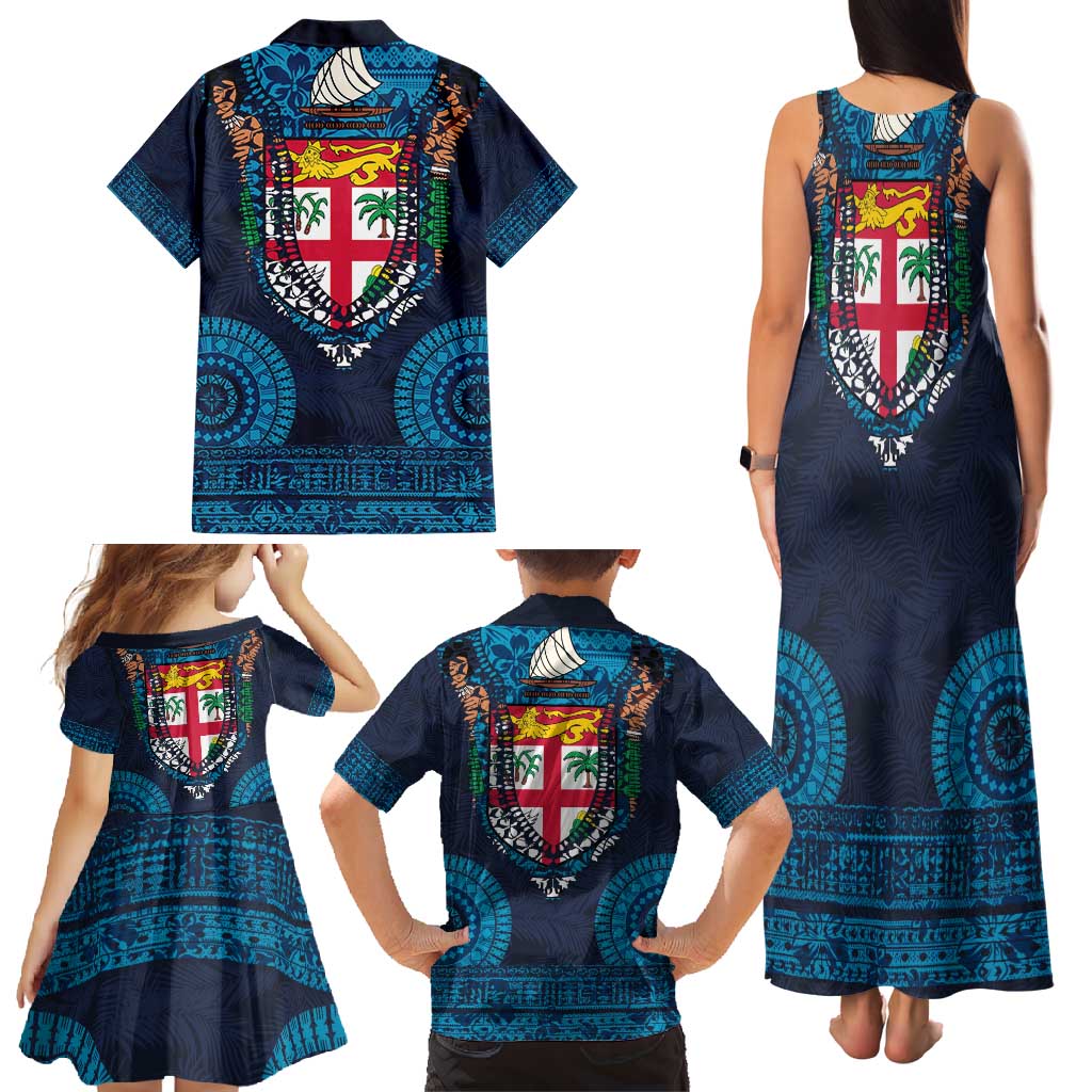 Fiji Coat of Arms Traditional Dashiki Family Matching Tank Maxi Dress and Hawaiian Shirt Tapa Art and Palm Leaves Pattern Dark Navy Color LT03 - Polynesian Pride