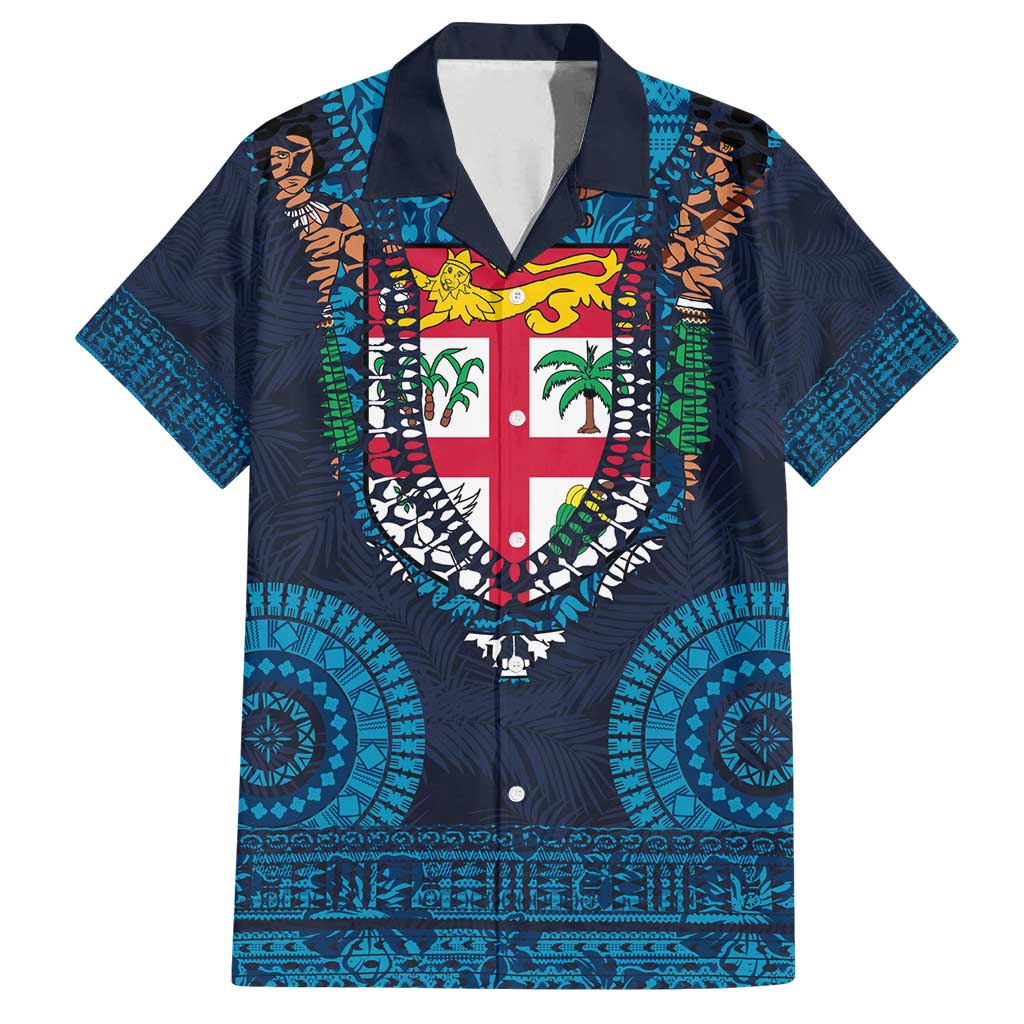 Fiji Coat of Arms Traditional Dashiki Family Matching Tank Maxi Dress and Hawaiian Shirt Tapa Art and Palm Leaves Pattern Dark Navy Color LT03 Dad's Shirt - Short Sleeve Navy - Polynesian Pride