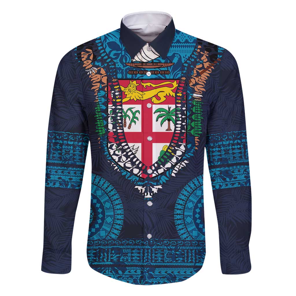 Fiji Coat of Arms Traditional Dashiki Family Matching Tank Maxi Dress and Hawaiian Shirt Tapa Art and Palm Leaves Pattern Dark Navy Color LT03 Dad's Shirt - Long Sleeve Navy - Polynesian Pride
