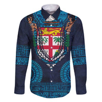 Fiji Coat of Arms Traditional Dashiki Family Matching Tank Maxi Dress and Hawaiian Shirt Tapa Art and Palm Leaves Pattern Dark Navy Color LT03 Dad's Shirt - Long Sleeve Navy - Polynesian Pride