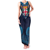 Fiji Coat of Arms Traditional Dashiki Family Matching Tank Maxi Dress and Hawaiian Shirt Tapa Art and Palm Leaves Pattern Dark Navy Color LT03 Mom's Dress Navy - Polynesian Pride