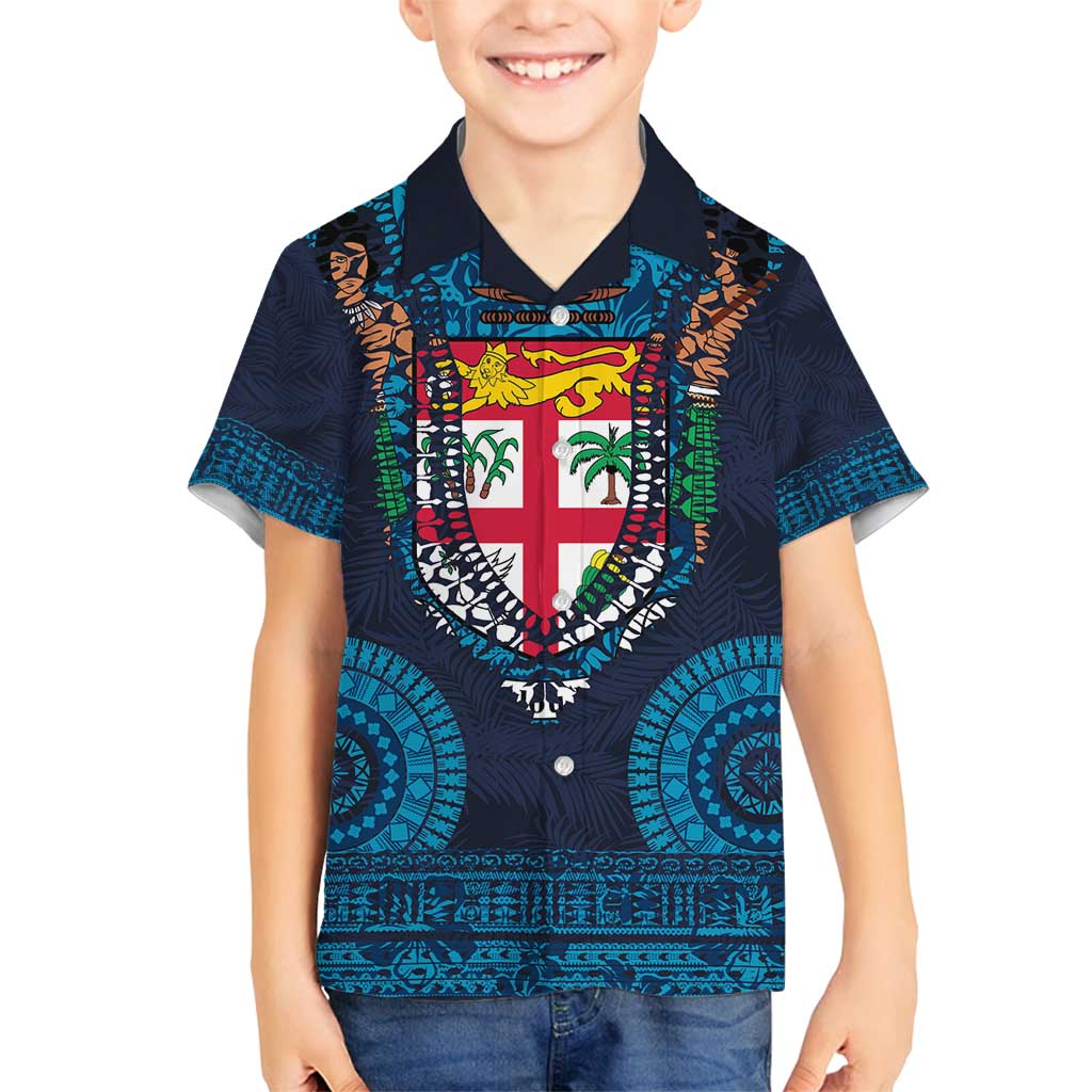 Fiji Coat of Arms Traditional Dashiki Family Matching Tank Maxi Dress and Hawaiian Shirt Tapa Art and Palm Leaves Pattern Dark Navy Color LT03 Son's Shirt Navy - Polynesian Pride