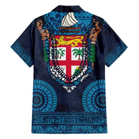 Fiji Coat of Arms Traditional Dashiki Hawaiian Shirt Tapa Art and Palm Leaves Pattern Dark Navy Color - Polynesian Pride