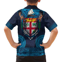 Fiji Coat of Arms Traditional Dashiki Hawaiian Shirt Tapa Art and Palm Leaves Pattern Dark Navy Color - Polynesian Pride
