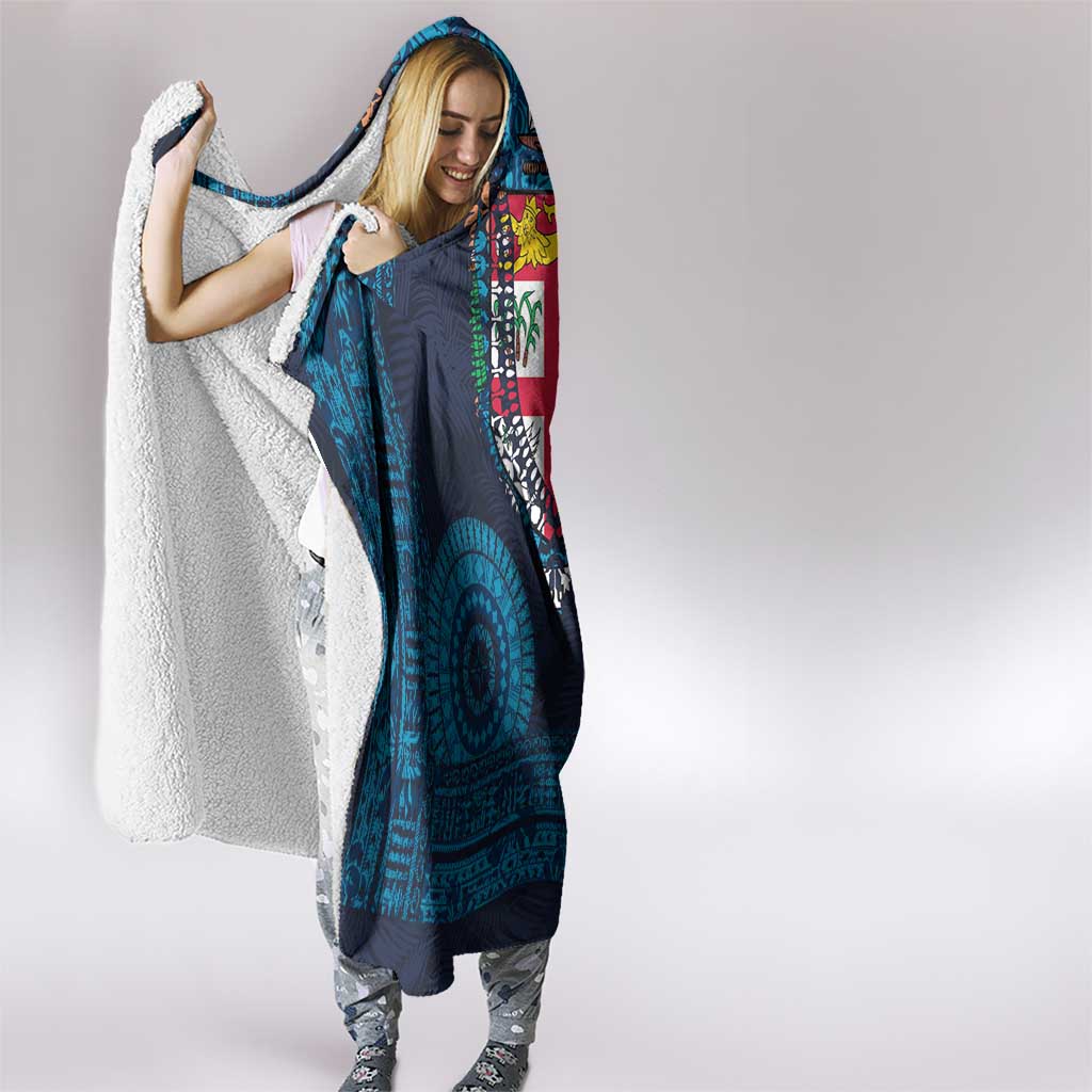 Fiji Coat of Arms Traditional Dashiki Hooded Blanket Tapa Art and Palm Leaves Pattern Dark Navy Color - Polynesian Pride