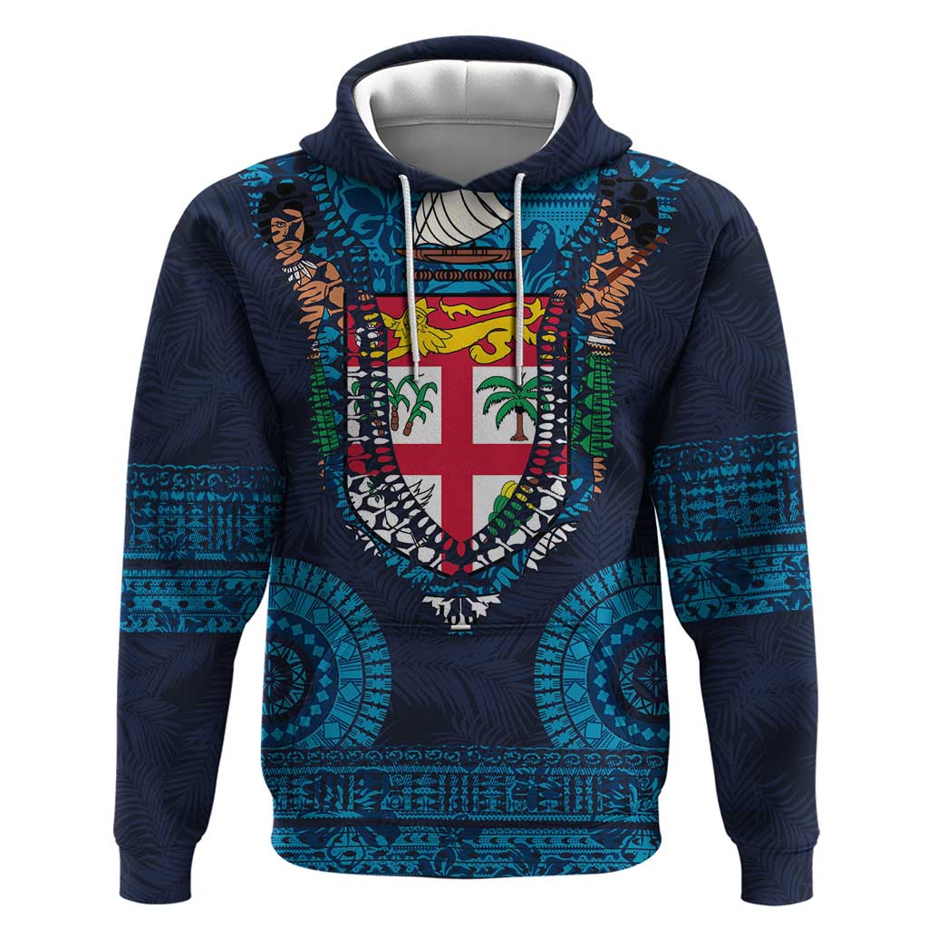Fiji Coat of Arms Traditional Dashiki Hoodie Tapa Art and Palm Leaves Pattern Dark Navy Color - Polynesian Pride