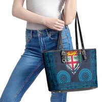 Fiji Coat of Arms Traditional Dashiki Leather Tote Bag Tapa Art and Palm Leaves Pattern Dark Navy Color - Polynesian Pride