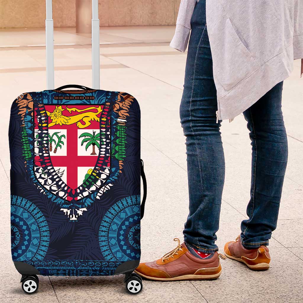 Fiji Coat of Arms Traditional Dashiki Luggage Cover Tapa Art and Palm Leaves Pattern Dark Navy Color - Polynesian Pride
