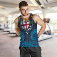 Fiji Coat of Arms Traditional Dashiki Men Tank Top Tapa Art and Palm Leaves Pattern Dark Navy Color - Polynesian Pride