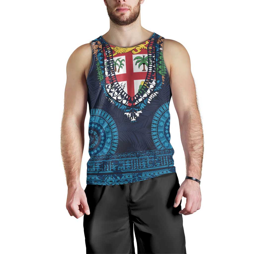 Fiji Coat of Arms Traditional Dashiki Men Tank Top Tapa Art and Palm Leaves Pattern Dark Navy Color - Polynesian Pride