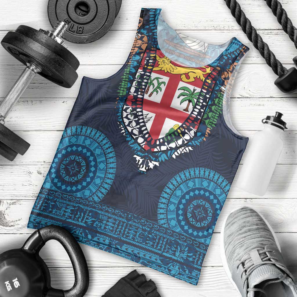 Fiji Coat of Arms Traditional Dashiki Men Tank Top Tapa Art and Palm Leaves Pattern Dark Navy Color - Polynesian Pride
