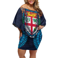 Fiji Coat of Arms Traditional Dashiki Off Shoulder Short Dress Tapa Art and Palm Leaves Pattern Dark Navy Color - Polynesian Pride