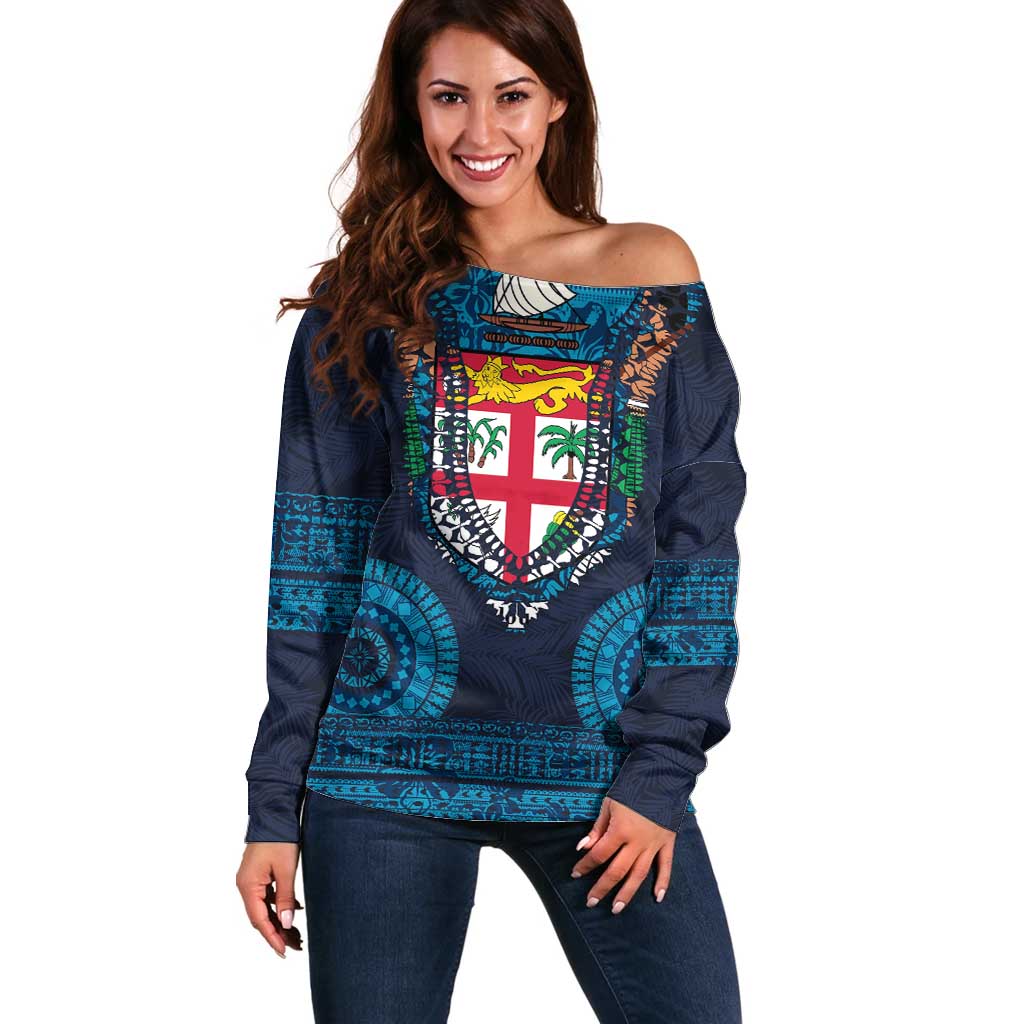 Fiji Coat of Arms Traditional Dashiki Off Shoulder Sweater Tapa Art and Palm Leaves Pattern Dark Navy Color - Polynesian Pride