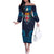 Fiji Coat of Arms Traditional Dashiki Off The Shoulder Long Sleeve Dress Tapa Art and Palm Leaves Pattern Dark Navy Color - Polynesian Pride