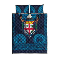 Fiji Coat of Arms Traditional Dashiki Quilt Bed Set Tapa Art and Palm Leaves Pattern Dark Navy Color - Polynesian Pride