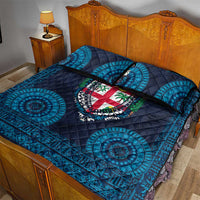 Fiji Coat of Arms Traditional Dashiki Quilt Bed Set Tapa Art and Palm Leaves Pattern Dark Navy Color - Polynesian Pride