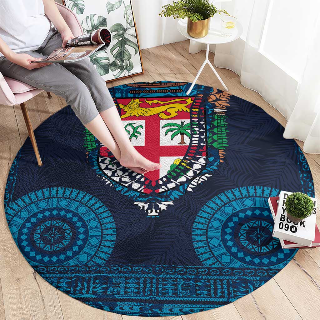 Fiji Coat of Arms Traditional Dashiki Round Carpet Tapa Art and Palm Leaves Pattern Dark Navy Color - Polynesian Pride
