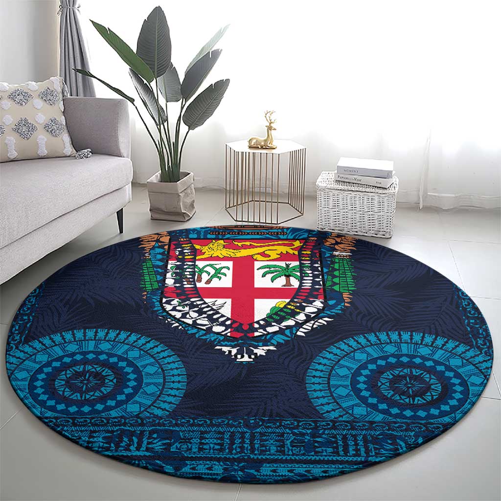 Fiji Coat of Arms Traditional Dashiki Round Carpet Tapa Art and Palm Leaves Pattern Dark Navy Color - Polynesian Pride