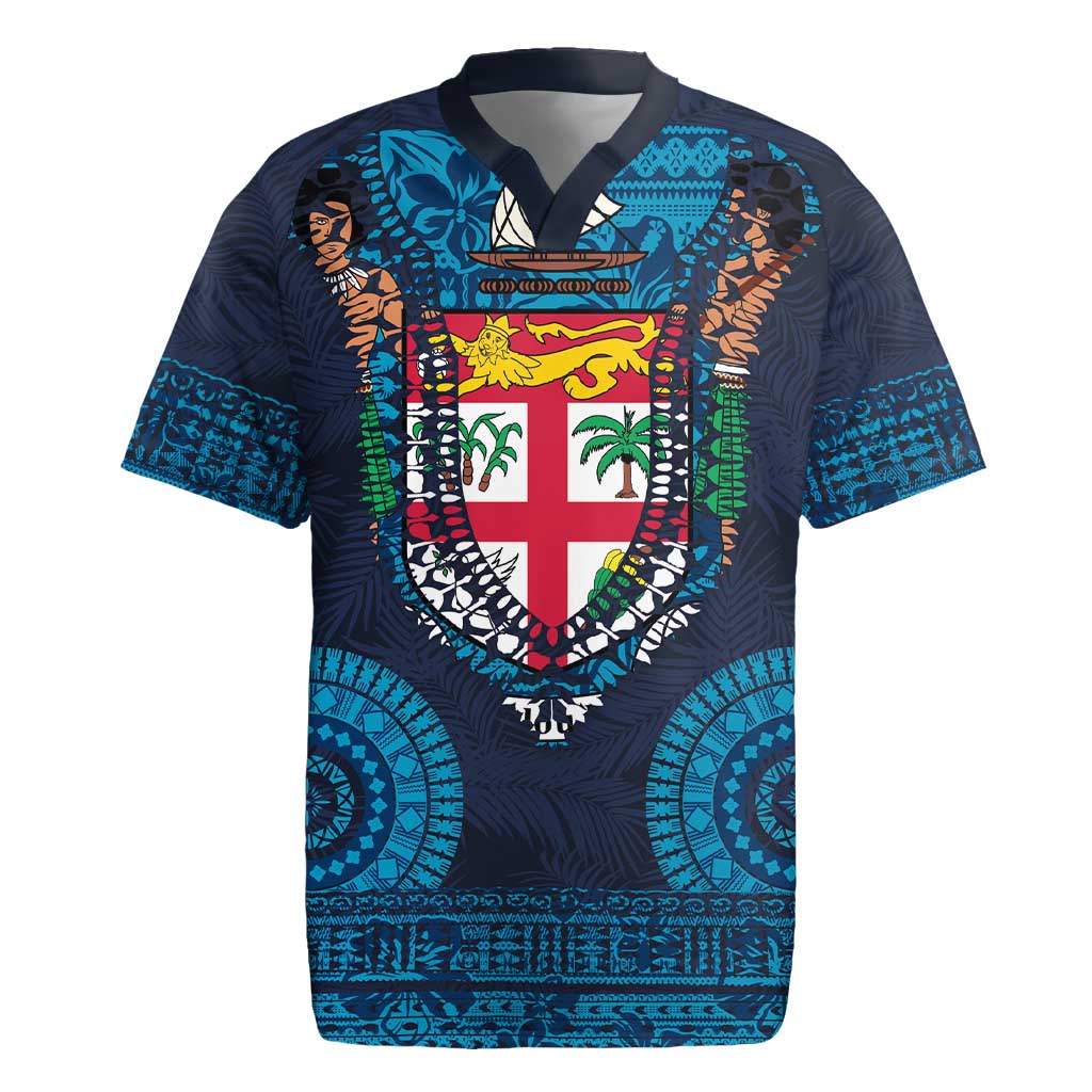 Fiji Coat of Arms Traditional Dashiki Rugby Jersey Tapa Art and Palm Leaves Pattern Dark Navy Color - Polynesian Pride