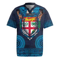 Fiji Coat of Arms Traditional Dashiki Rugby Jersey Tapa Art and Palm Leaves Pattern Dark Navy Color LT03 Navy - Polynesian Pride