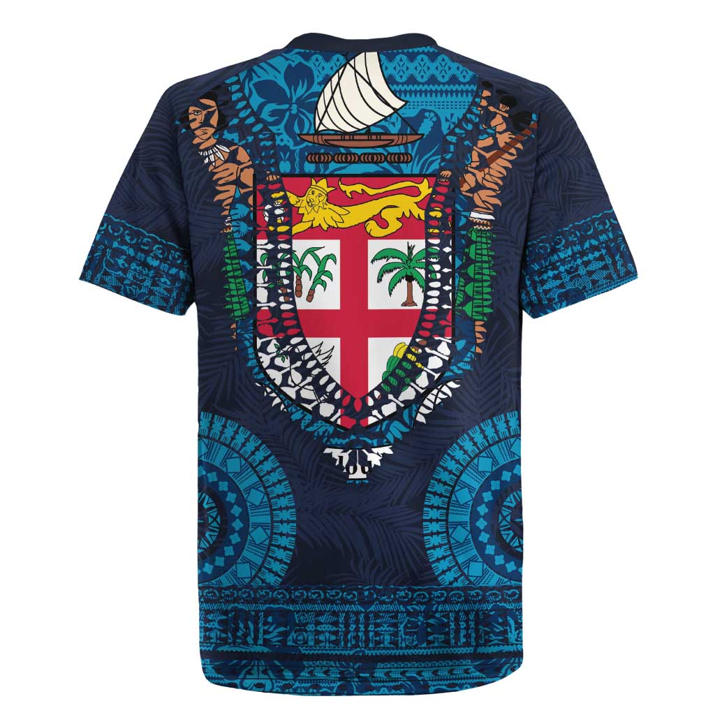 Fiji Coat of Arms Traditional Dashiki Rugby Jersey Tapa Art and Palm Leaves Pattern Dark Navy Color LT03 - Polynesian Pride