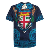 Fiji Coat of Arms Traditional Dashiki Rugby Jersey Tapa Art and Palm Leaves Pattern Dark Navy Color LT03 - Polynesian Pride