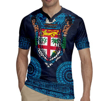 Fiji Coat of Arms Traditional Dashiki Rugby Jersey Tapa Art and Palm Leaves Pattern Dark Navy Color LT03 - Polynesian Pride