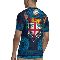 Fiji Coat of Arms Traditional Dashiki Rugby Jersey Tapa Art and Palm Leaves Pattern Dark Navy Color LT03 - Polynesian Pride