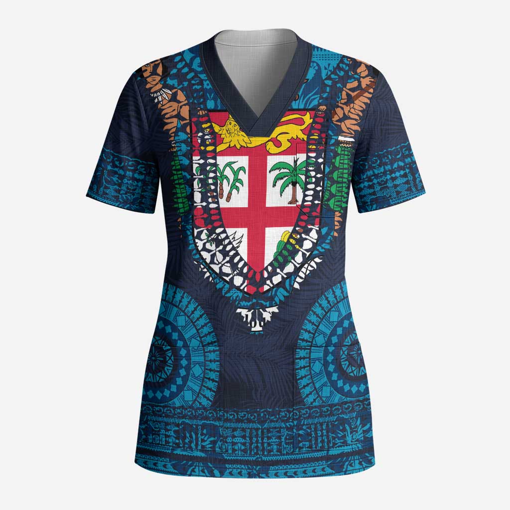Fiji Coat of Arms Traditional Dashiki Scrub Top Tapa Art and Palm Leaves Pattern Dark Navy Color - Polynesian Pride