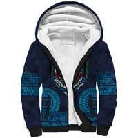 Fiji Coat of Arms Traditional Dashiki Sherpa Hoodie Tapa Art and Palm Leaves Pattern Dark Navy Color - Polynesian Pride