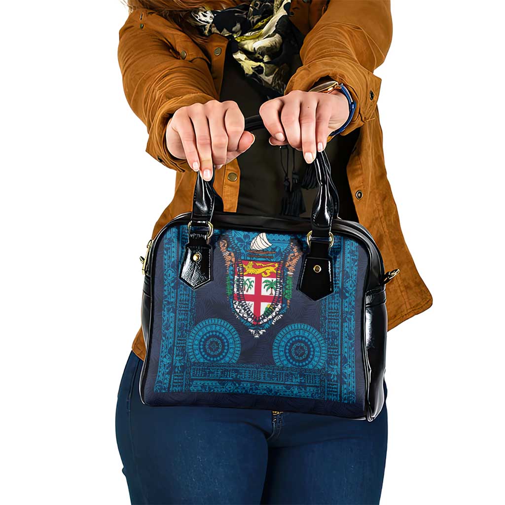 Fiji Coat of Arms Traditional Dashiki Shoulder Handbag Tapa Art and Palm Leaves Pattern Dark Navy Color - Polynesian Pride