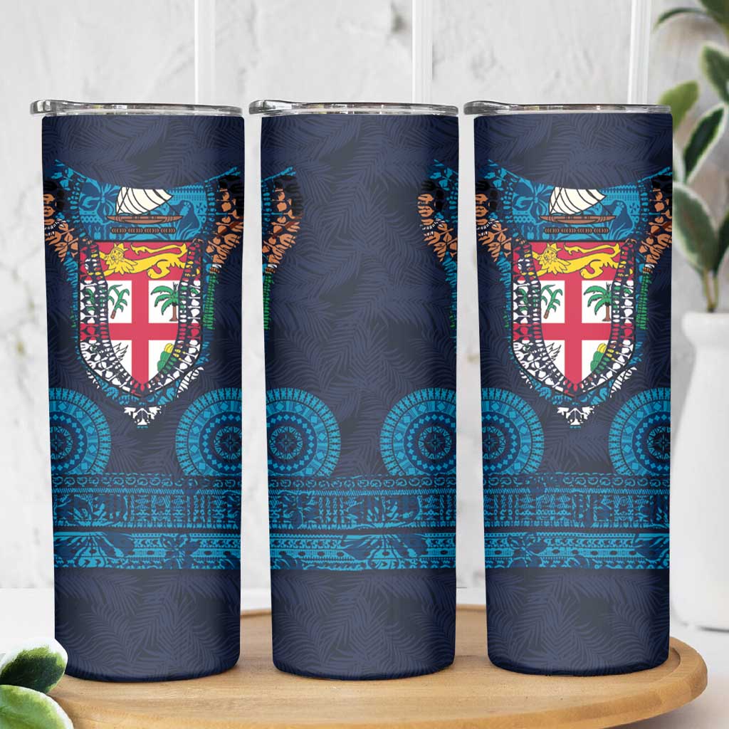 Fiji Coat of Arms Traditional Dashiki Skinny Tumbler Tapa Art and Palm Leaves Pattern Dark Navy Color - Polynesian Pride