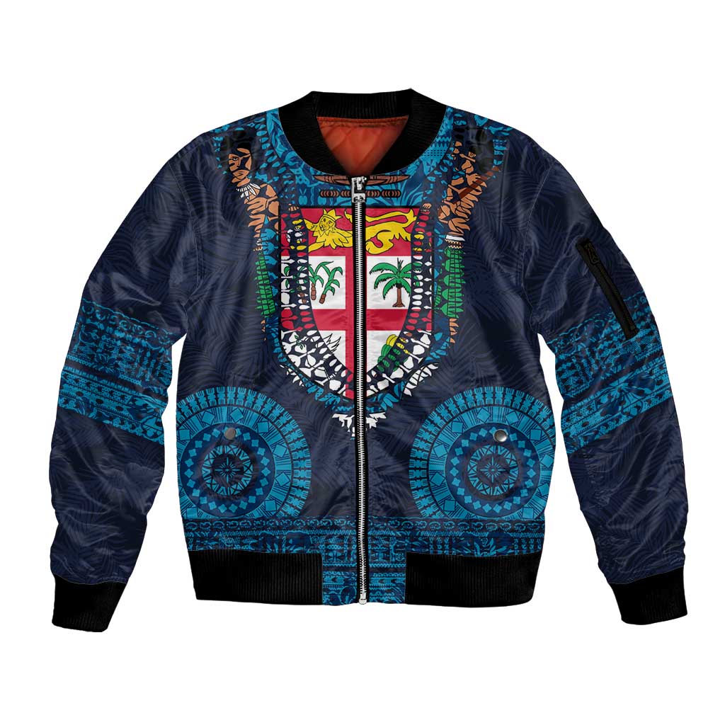 Fiji Coat of Arms Traditional Dashiki Sleeve Zip Bomber Jacket Tapa Art and Palm Leaves Pattern Dark Navy Color - Polynesian Pride