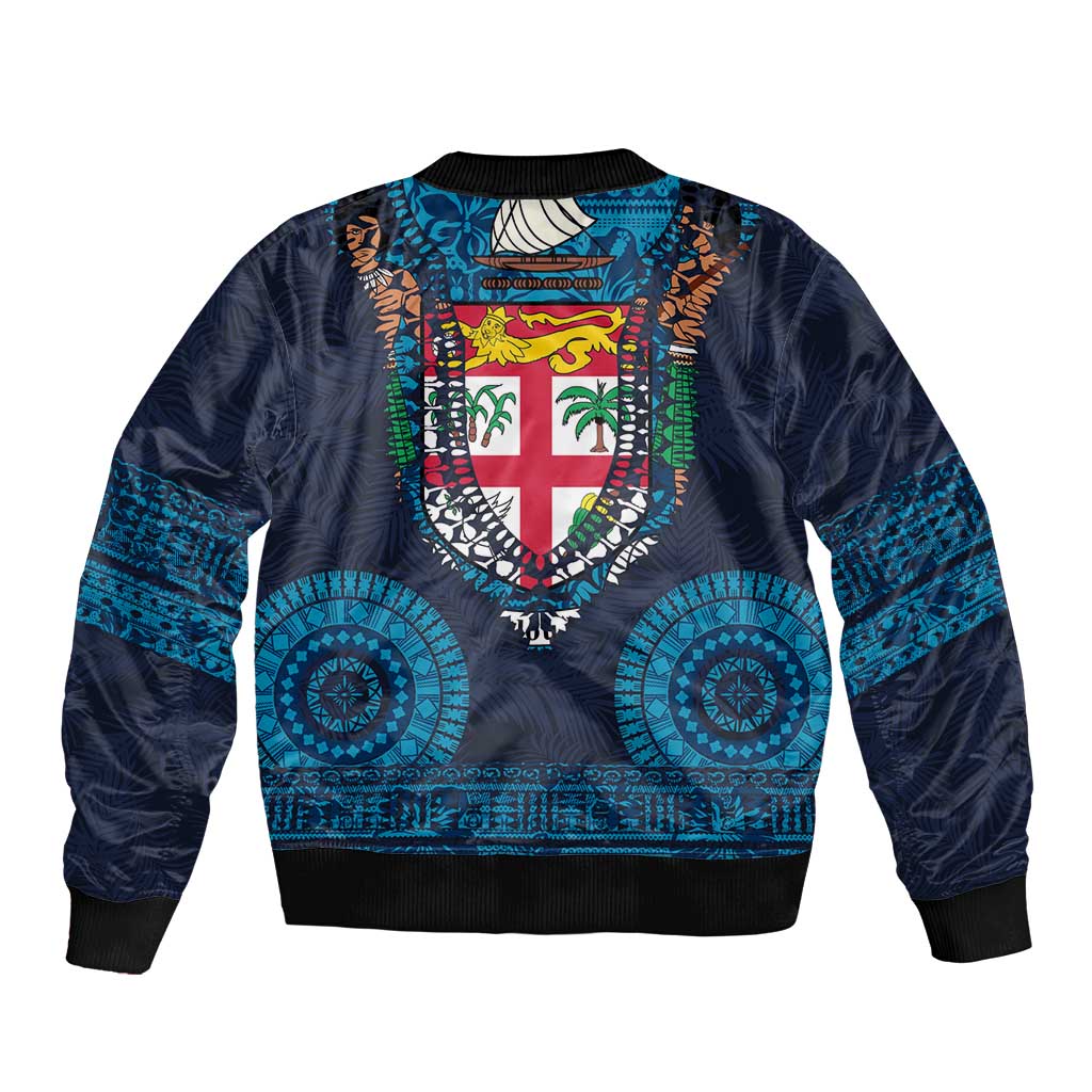 Fiji Coat of Arms Traditional Dashiki Sleeve Zip Bomber Jacket Tapa Art and Palm Leaves Pattern Dark Navy Color - Polynesian Pride