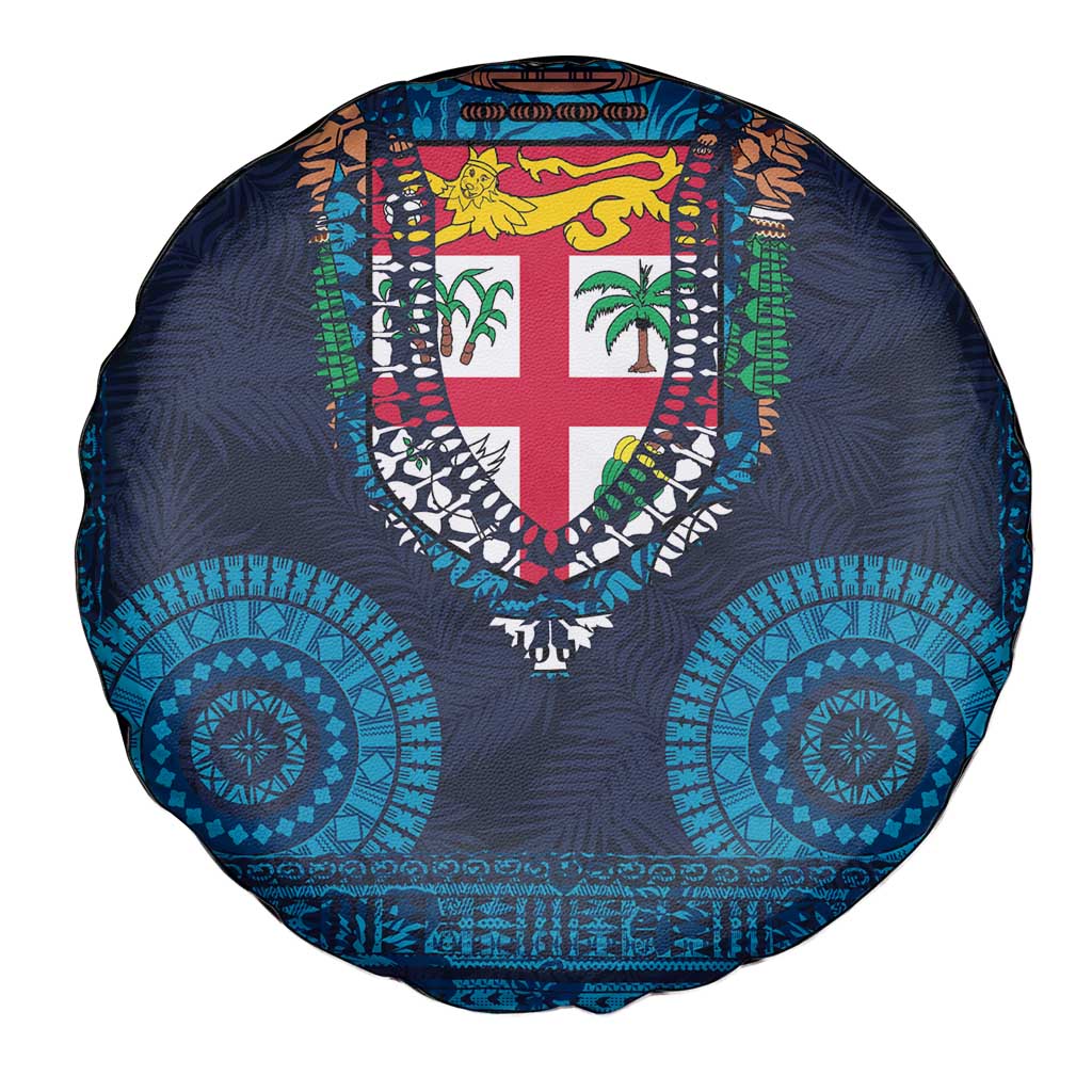 Fiji Coat of Arms Traditional Dashiki Spare Tire Cover Tapa Art and Palm Leaves Pattern Dark Navy Color - Polynesian Pride