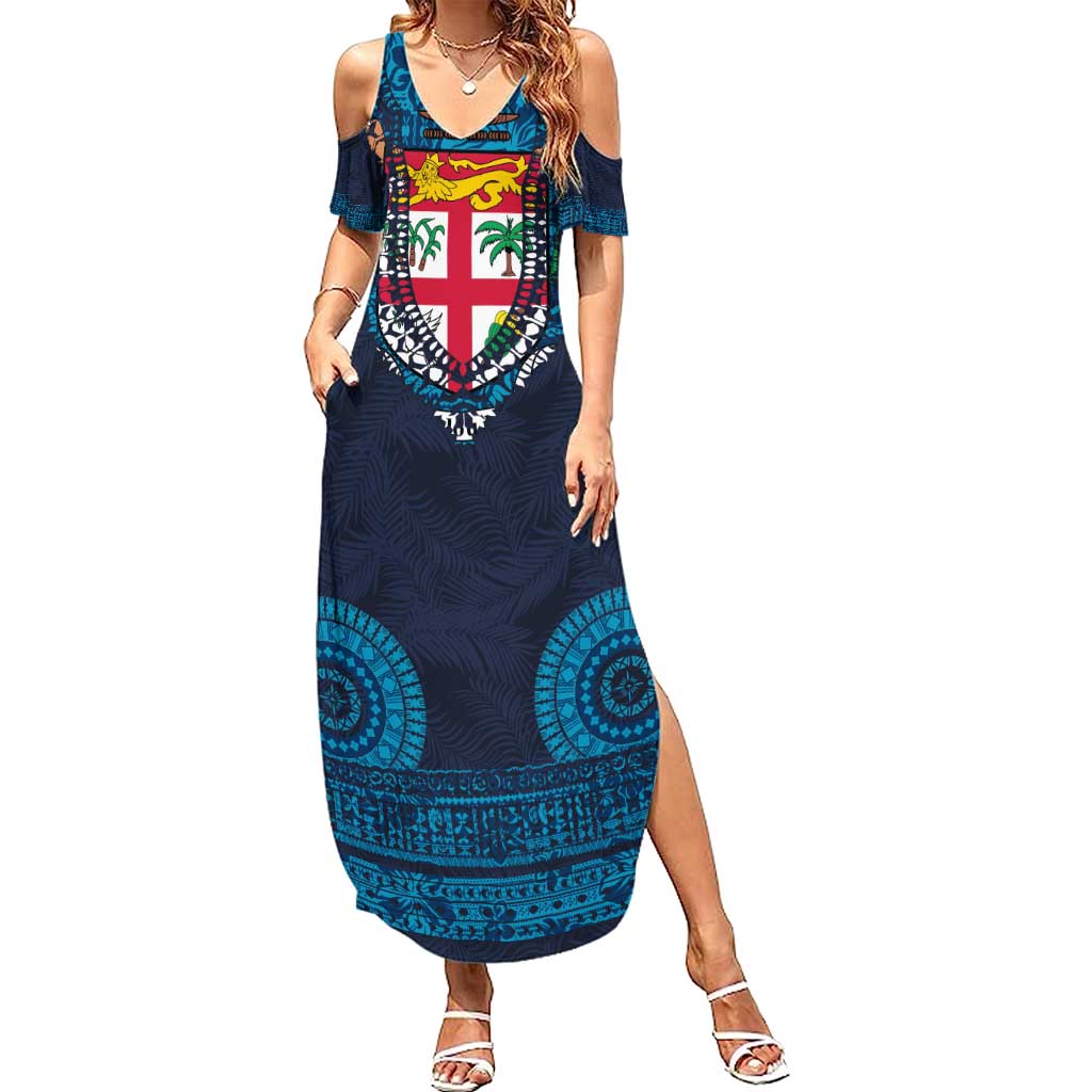 Fiji Coat of Arms Traditional Dashiki Summer Maxi Dress Tapa Art and Palm Leaves Pattern Dark Navy Color - Polynesian Pride