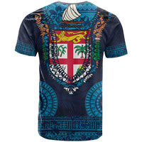 Fiji Coat of Arms Traditional Dashiki T Shirt Tapa Art and Palm Leaves Pattern Dark Navy Color - Polynesian Pride
