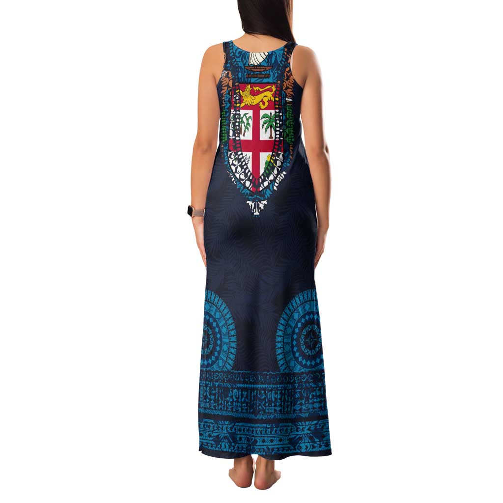 Fiji Coat of Arms Traditional Dashiki Tank Maxi Dress Tapa Art and Palm Leaves Pattern Dark Navy Color - Polynesian Pride