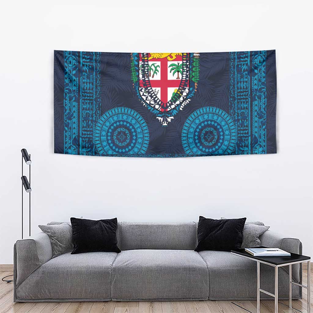 Fiji Coat of Arms Traditional Dashiki Tapestry Tapa Art and Palm Leaves Pattern Dark Navy Color - Polynesian Pride