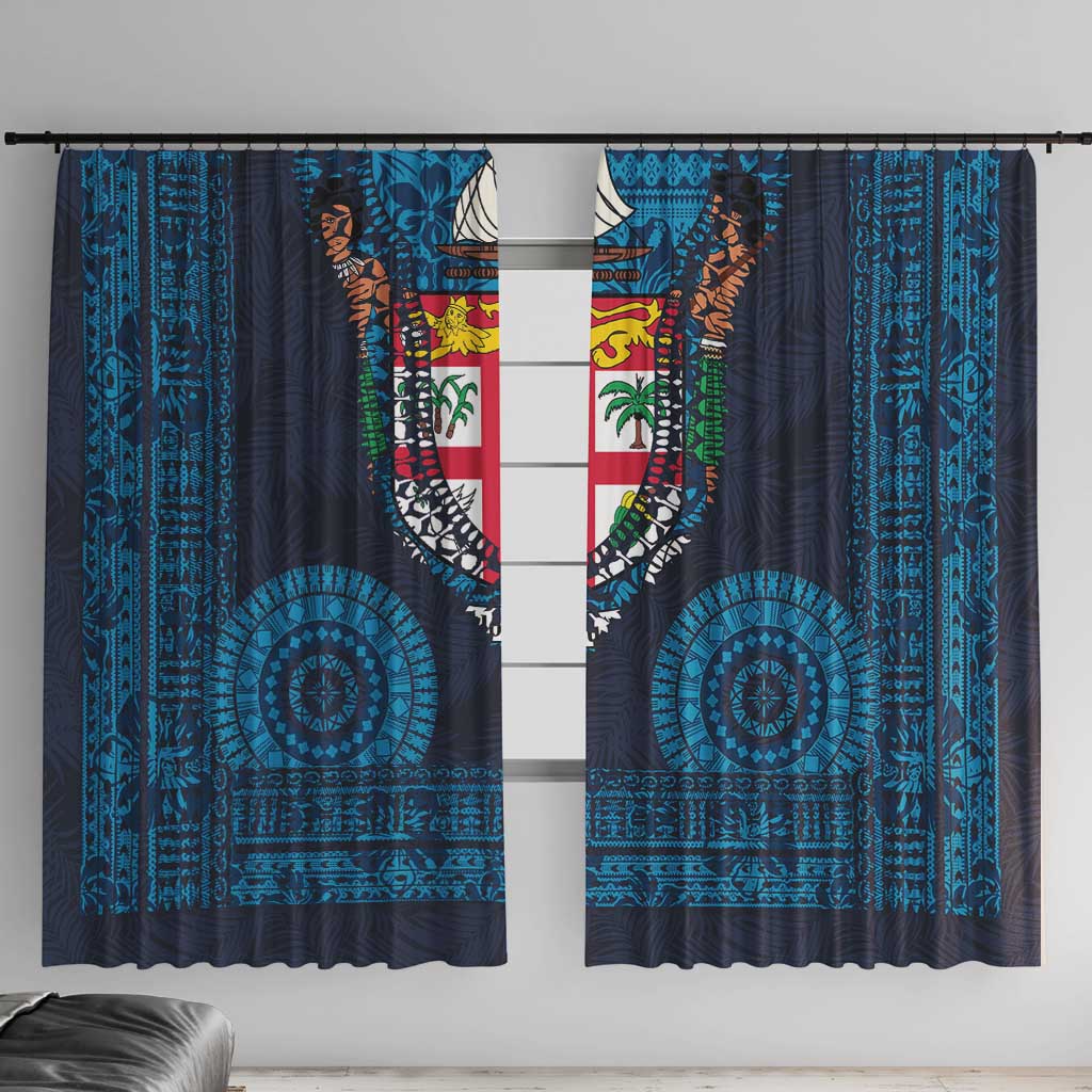 Fiji Coat of Arms Traditional Dashiki Window Curtain Tapa Art and Palm Leaves Pattern Dark Navy Color - Polynesian Pride