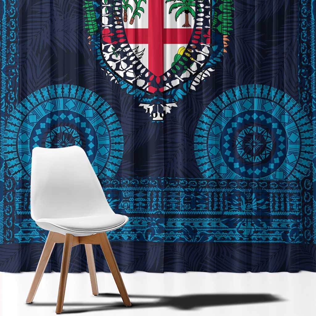Fiji Coat of Arms Traditional Dashiki Window Curtain Tapa Art and Palm Leaves Pattern Dark Navy Color - Polynesian Pride