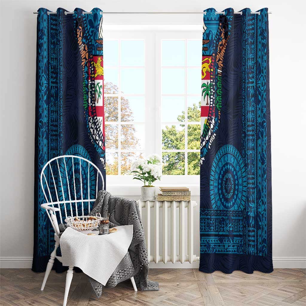 Fiji Coat of Arms Traditional Dashiki Window Curtain Tapa Art and Palm Leaves Pattern Dark Navy Color - Polynesian Pride