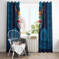 Fiji Coat of Arms Traditional Dashiki Window Curtain Tapa Art and Palm Leaves Pattern Dark Navy Color - Polynesian Pride