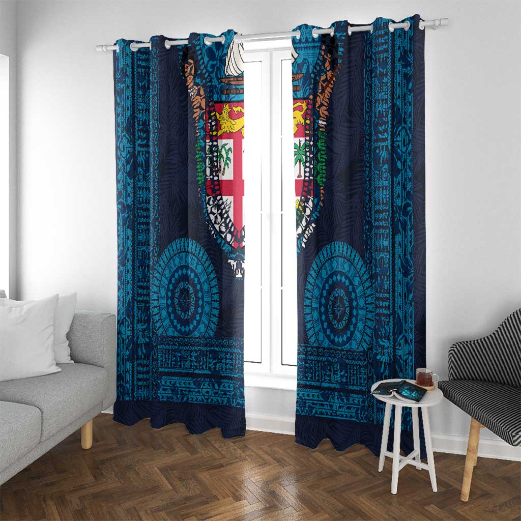 Fiji Coat of Arms Traditional Dashiki Window Curtain Tapa Art and Palm Leaves Pattern Dark Navy Color - Polynesian Pride