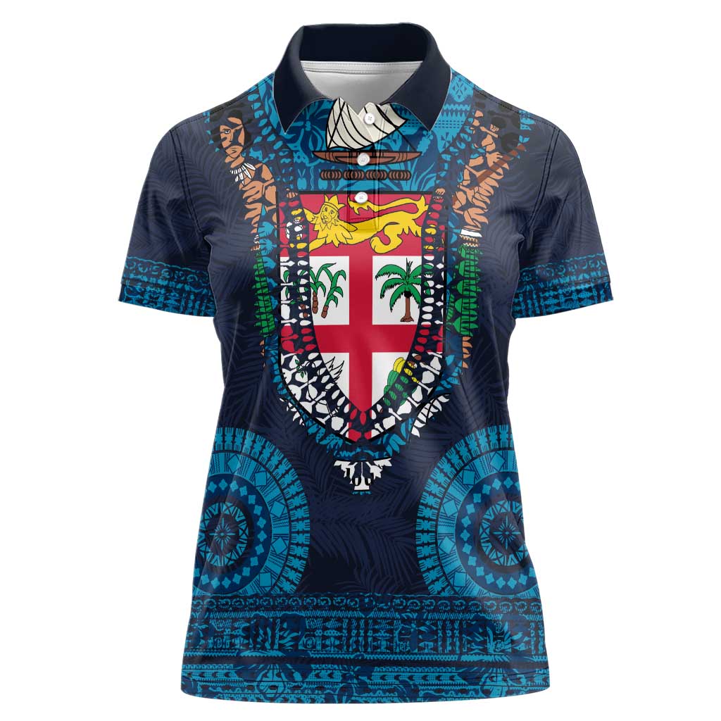 Fiji Coat of Arms Traditional Dashiki Women Polo Shirt Tapa Art and Palm Leaves Pattern Dark Navy Color - Polynesian Pride