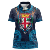 Fiji Coat of Arms Traditional Dashiki Women Polo Shirt Tapa Art and Palm Leaves Pattern Dark Navy Color - Polynesian Pride