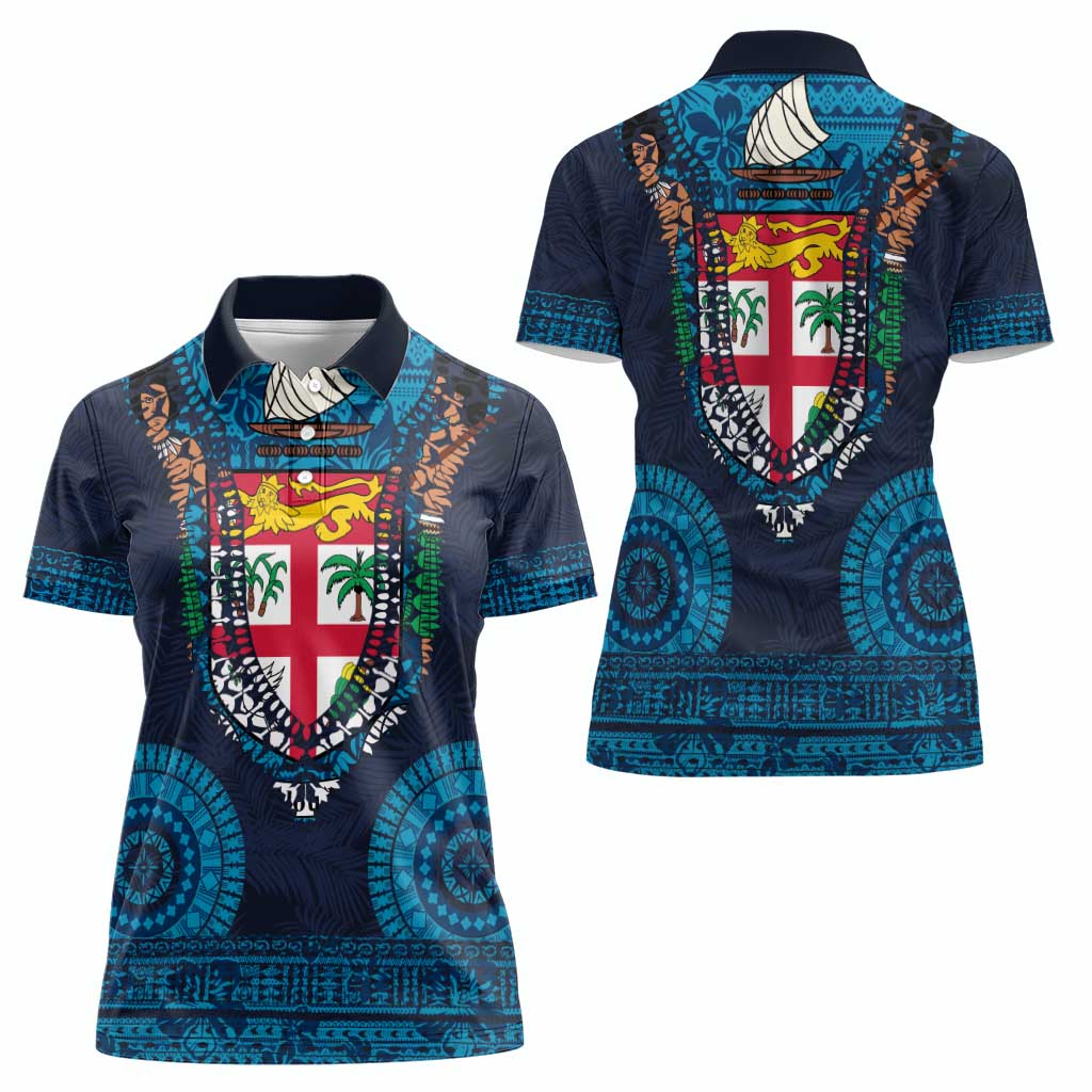 Fiji Coat of Arms Traditional Dashiki Women Polo Shirt Tapa Art and Palm Leaves Pattern Dark Navy Color - Polynesian Pride