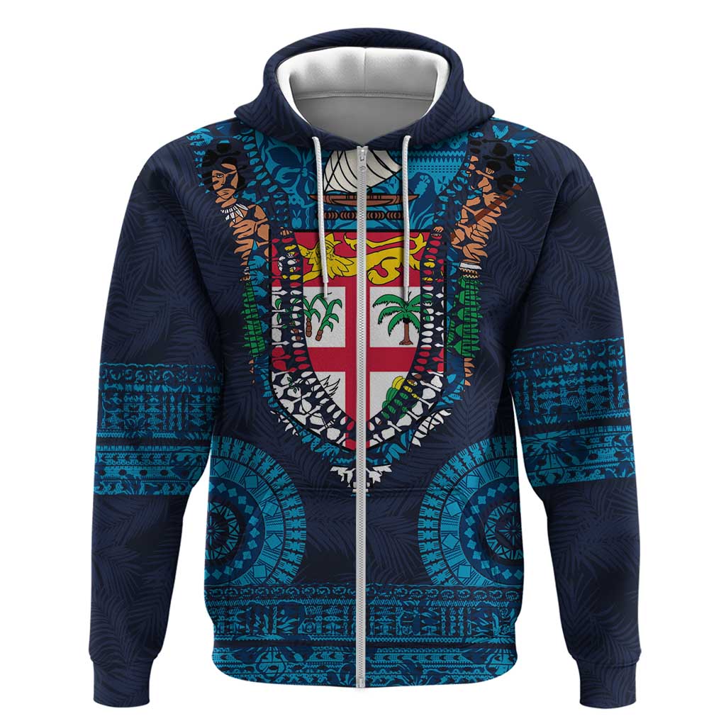 Fiji Coat of Arms Traditional Dashiki Zip Hoodie Tapa Art and Palm Leaves Pattern Dark Navy Color - Polynesian Pride