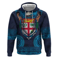 Fiji Coat of Arms Traditional Dashiki Zip Hoodie Tapa Art and Palm Leaves Pattern Dark Navy Color - Polynesian Pride